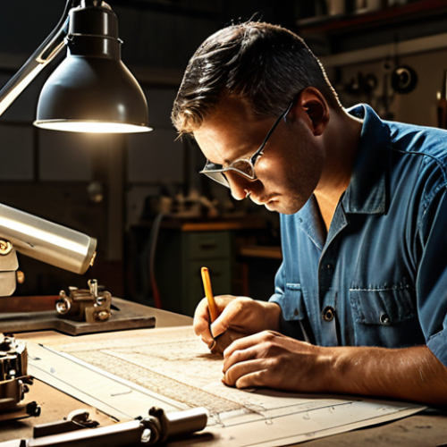 Home 4 A machinist meticulously studying a complex blueprint, illuminated by a focused lamp, in a workshop filled with tools and machinery. The atmosphere should convey precision and problem-solving, like deciphering a hidden code.