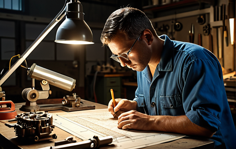 A machinist meticulously studying a complex blueprint, illuminated by a focused lamp, in a workshop filled with tools and machinery. The atmosphere should convey precision and problem-solving, like deciphering a hidden code.