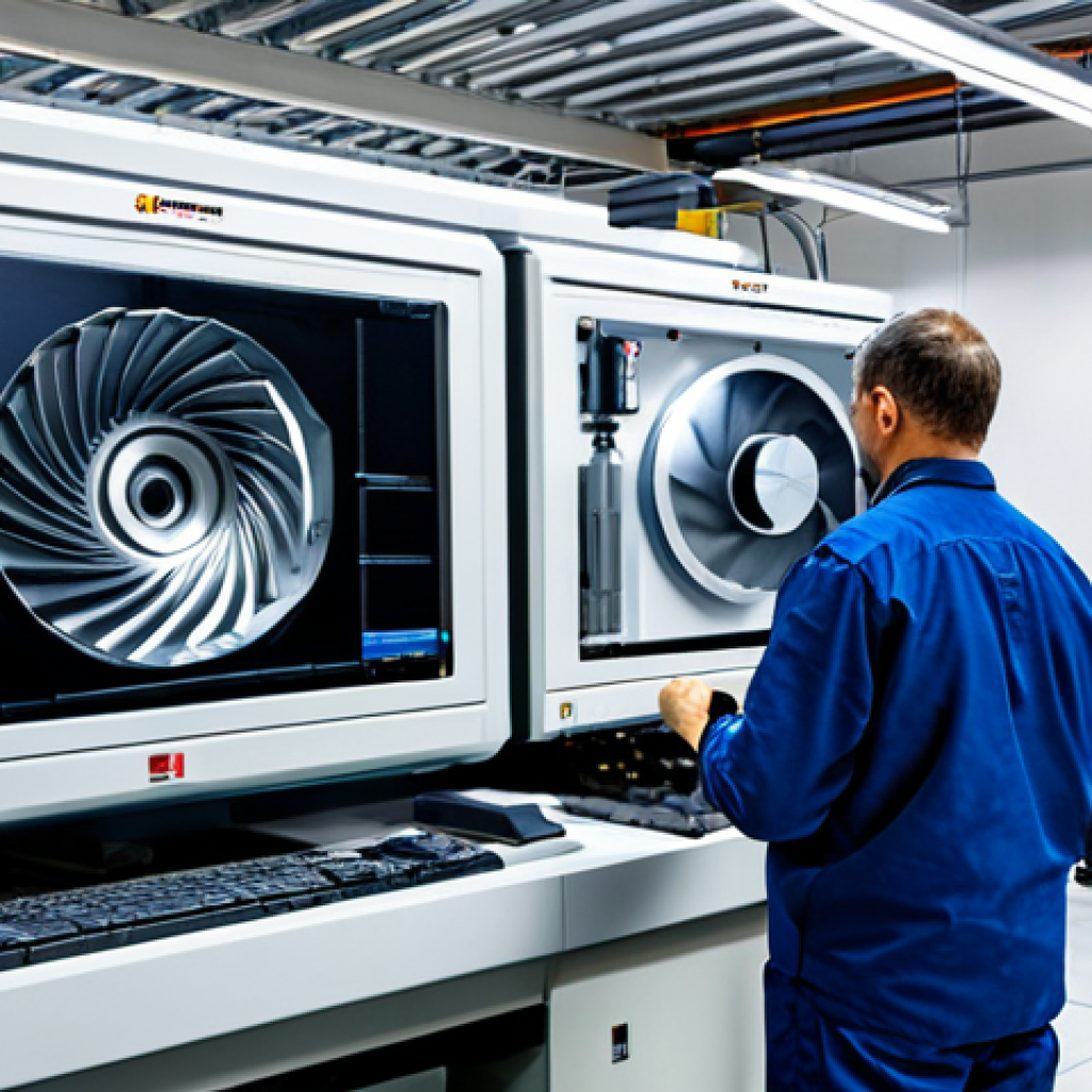 **
A modern factory setting showcasing a 5-axis machining center intricately crafting a complex impeller. The machine is gleaming, with sparks flying and coolant spraying. In the background, engineers in professional attire are monitoring the process on computer screens. Focus on precision and automation. fully clothed, appropriate attire, professional setting, safe for work, perfect anatomy, correct proportions, natural pose, professional photography, high quality
**