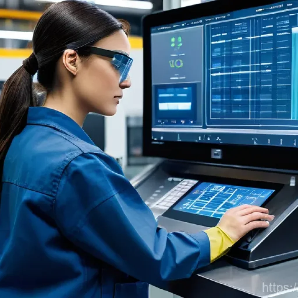 기계가공 직무별 장단점 - A highly skilled and focused female CNC machinist, wearing clean work pants, a practical work jacket...