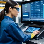 Home 14 기계가공 직무별 장단점 - A highly skilled and focused female CNC machinist, wearing clean work pants, a practical work jacket...