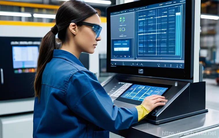 기계가공 직무별 장단점 - A highly skilled and focused female CNC machinist, wearing clean work pants, a practical work jacket...